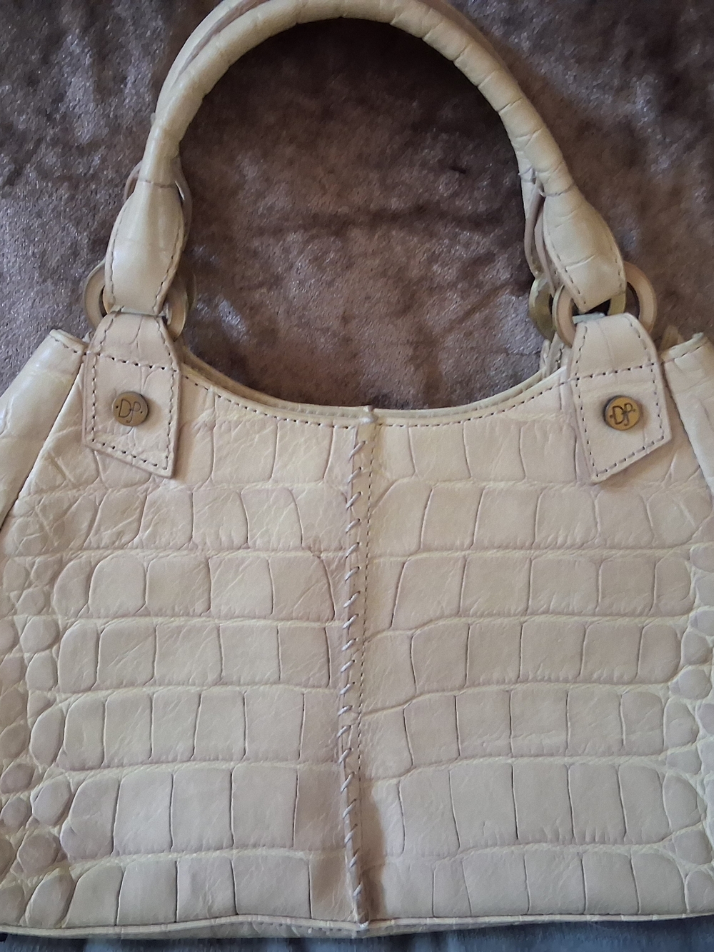 Cream Croc-Embossed Leather Tote Bag by Unknown Brand